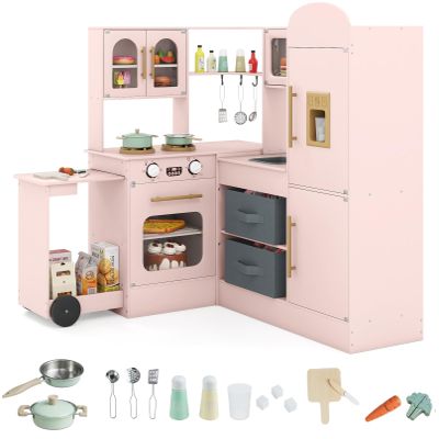 INFANS Corner Kids Kitchen, Wooden Pretend Playset with Telescopic Cart Realistic Lights Sounds Ice Maker Fabric Drawers Microwave Oven, Toddler Cooking Toy Gift for Boys Girls Aged 3+ (Pink)