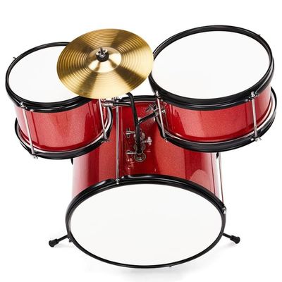 14"x10" 3-Piece Junior Kids Drum Set Kit with Pedal, Drum Sticks, Wrench, Drum Stool, Beginner Drum Set for Kids, Compact & Portable Children's Drum Kit, Gift for Musically Talented Kids (Red)