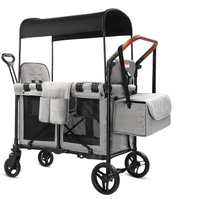 Wagon Stroller for 2 Kids, Foldable All-Terrain Wagon for Kids with Canopy, Adjustable Push and Pull Handles,Convertible High Seat & Organizer, 5 Point Harness (Gray)