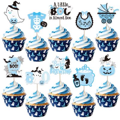 40 PCS Baby Shower Halloween Cupcake Toppers Ghost Bat A Baby is Brewing Cupcake Picks A Little Boo is Almost Doe It's a Boy Cake Decorations for Halloween Theme Boys Birthday Party Supplies Blue