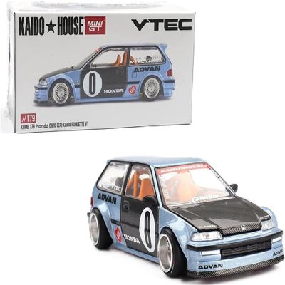 1:64 Diecast Model Car Compatible with Honda Civic (EF) Kaido Roulette V1 Light Blue Limited Edition by Kaido House x Mini GT KHMG179