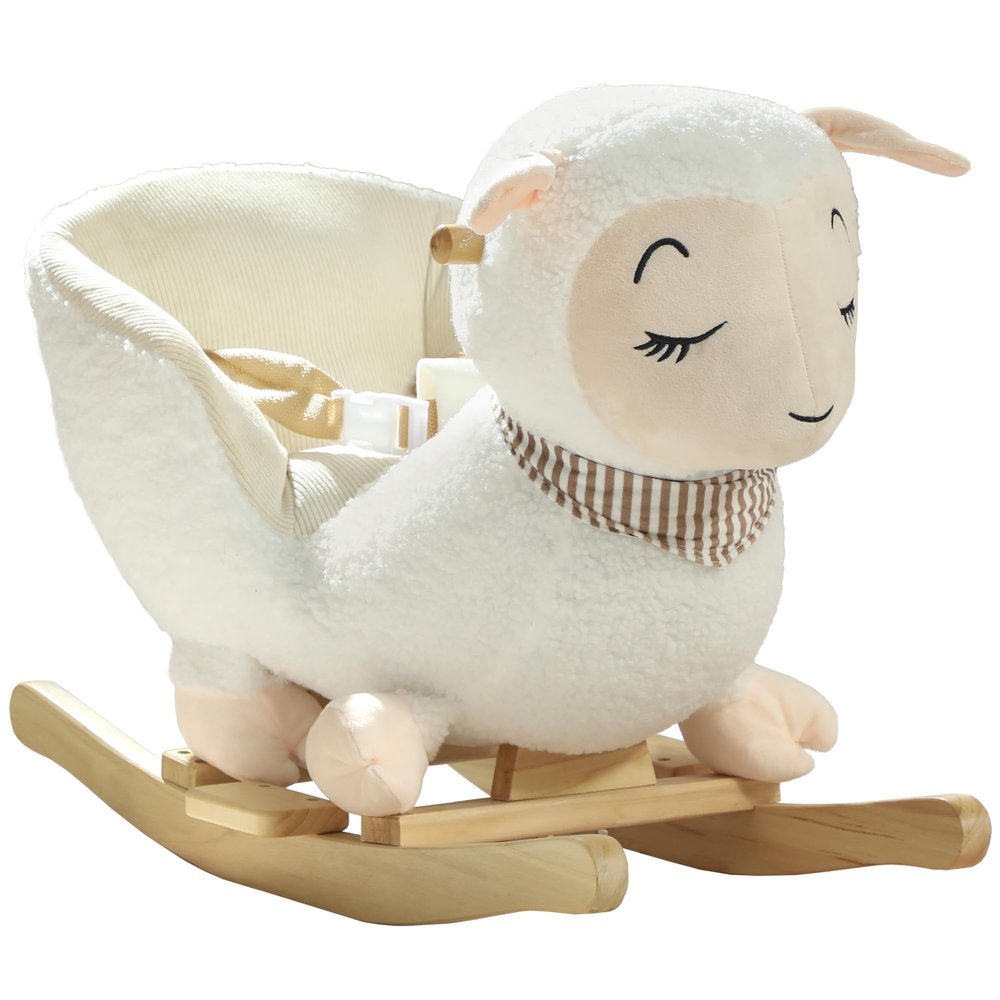 Qaba Sheep Baby Rocking Horse, Plush Stuffed Animal Rocker with Lullaby Song and Safety Belt, Kids Ride on Rocking Horse for Toddlers 1836 Months, White