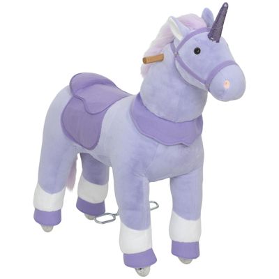 Qaba Ride on Horse for Kids 4-7 Years, 37.8 Inch Height Plush Riding Unicorn, Walking Horse Animal with Rolling Wheels for Active Play, No Batteries Required, Purple