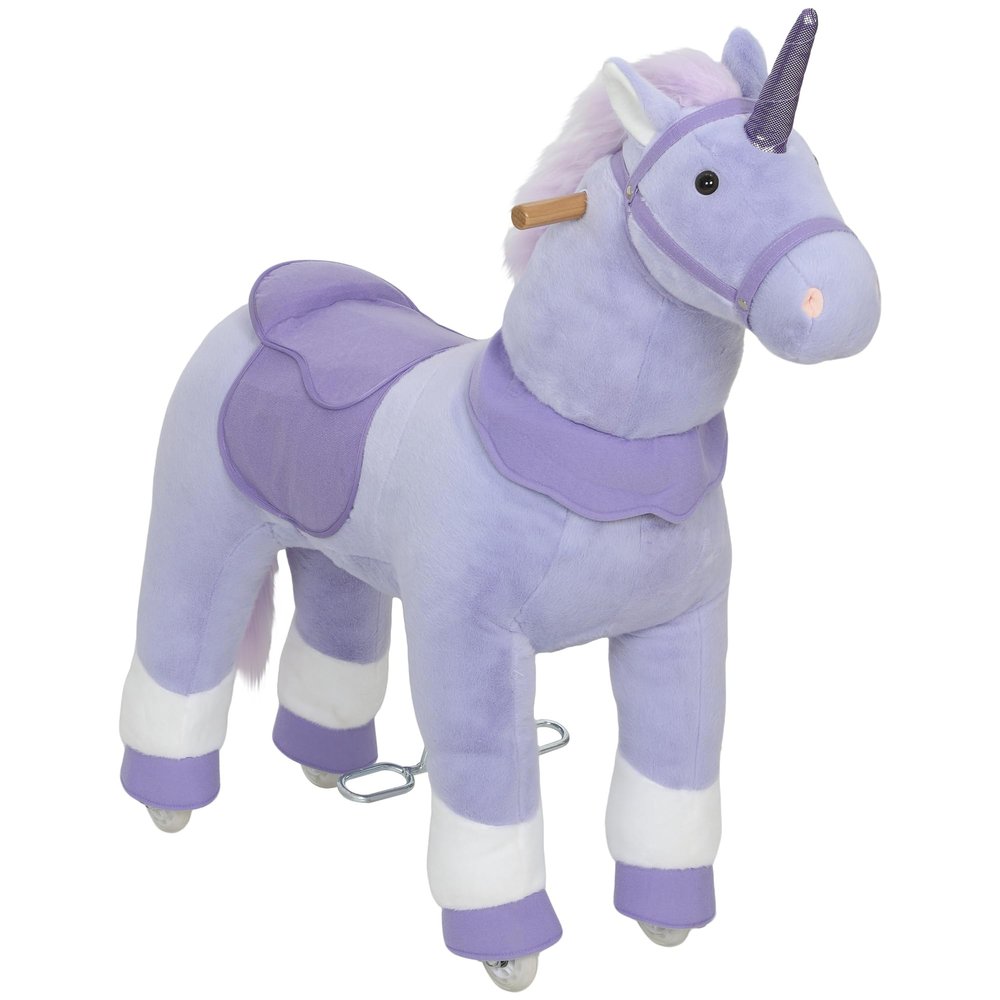 Qaba Ride on Horse for Kids 4-7 Years, 37.8 Inch Height Plush Riding Unicorn, Walking Horse Animal with Rolling Wheels for Active Play, No Batteries Required, Purple