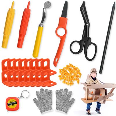 FEMBW Cardboard Construction Kit 150 PCS DIY STEM Craft Set with Kid-Safe Cardboard Cutter,Safe Serrated Cutter & Tools for Creative Projects, School, Home, Team Activities, Ages 5+