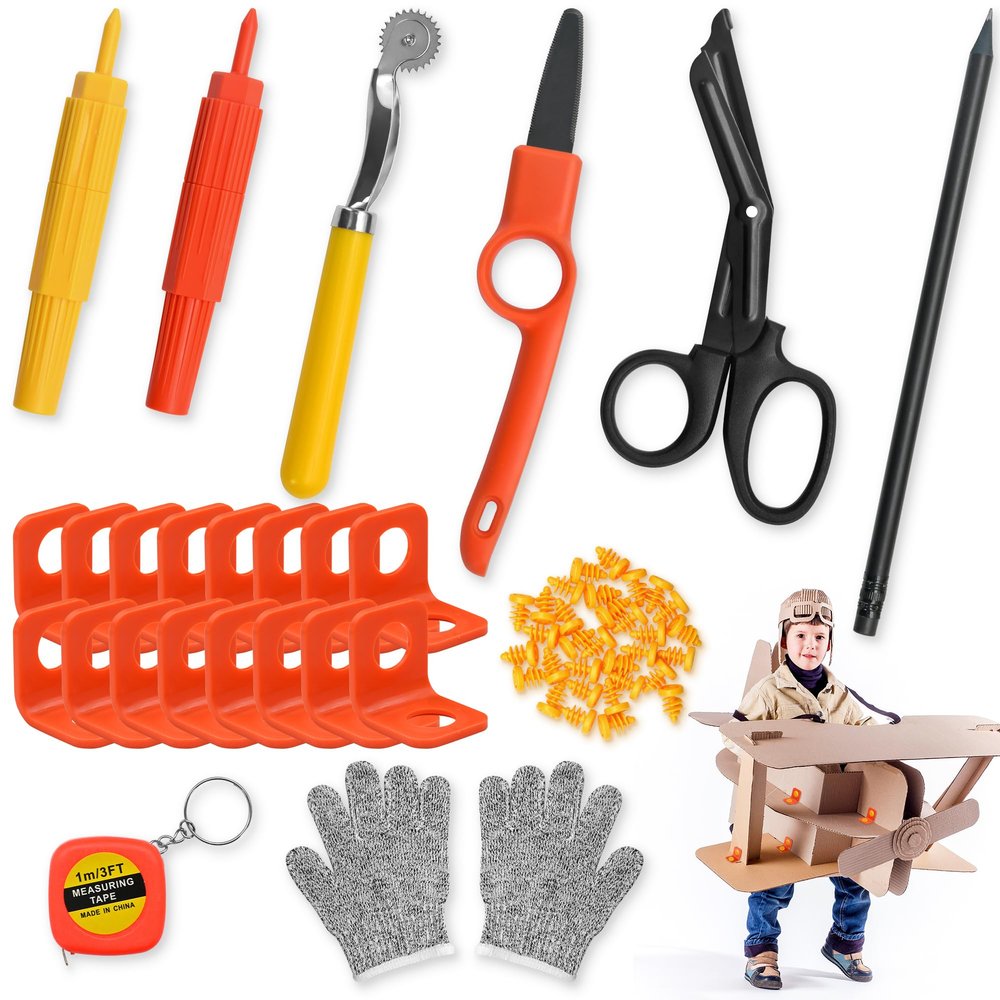FEMBW Cardboard Construction Kit 150 PCS DIY STEM Craft Set with Kid-Safe Cardboard Cutter,Safe Serrated Cutter & Tools for Creative Projects, School, Home, Team Activities, Ages 5+