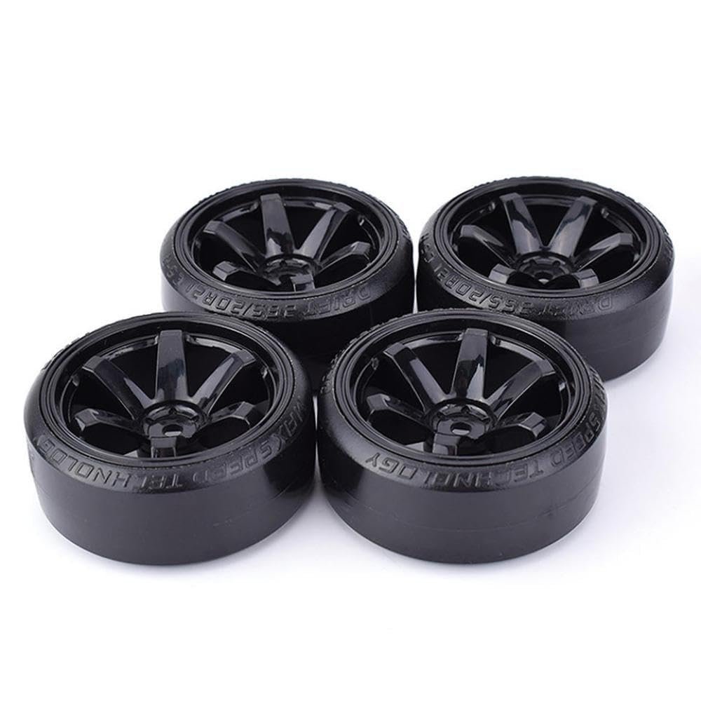 4PCS 1/10 Scale RC Drift Car Hard Pattern Wheels Tires Compatible with D4 TT01 and Similar 1 10 On Road Drifting RC Models(Black)