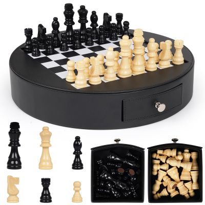 13-Inch Leather Chess Set with Wooden Chess Pieces,Portable Chess Board with Storage Drawer, Classic Strategy Board Game for Adults and Kids, Elegant Gift for Family and Friends