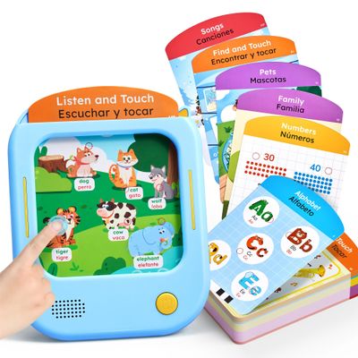 JoyCat Bilingual Kids Learning Tablet, 106 Pages Spanish & English Talking Cards with 20 Interactive Games, Montessori Toy for Alphabet, Words, Numbers, Colors & Songs, Learning Gifts for Toddler 2-6