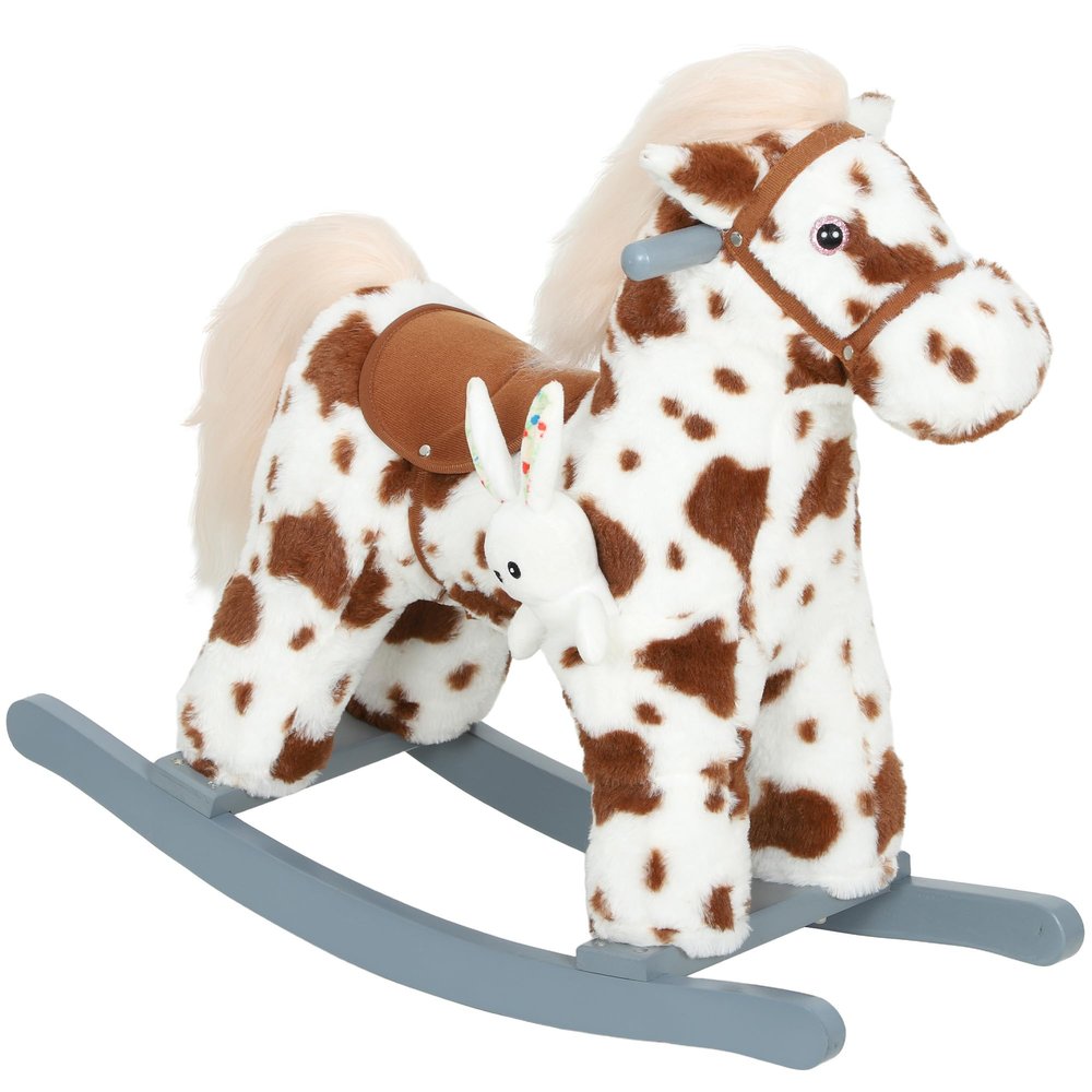 Qaba Rocking Horse, Kids Plush Animal Rocker with Realistic Neighing Sound for Toddlers 25 Years Old, Soft Filling Ride on Horse with Rabbit Toy, Brown