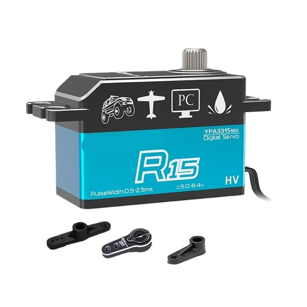 15KG PWM Digital servo Motor Full Metal Gear high Torque Thin Short Body servo Motor Suitable for 1/8 1/10(R15kgMG 357 Degree)