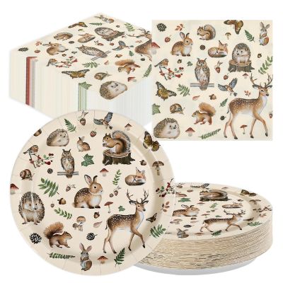 100 Pcs Woodland Theme Party Decorations Vintage Mushroom Forest Animal Plates and Napkins Disposable Animals Plants Tableware Set for Baby Shower Kids Boys Girls Birthday Party Supplies Serves 50