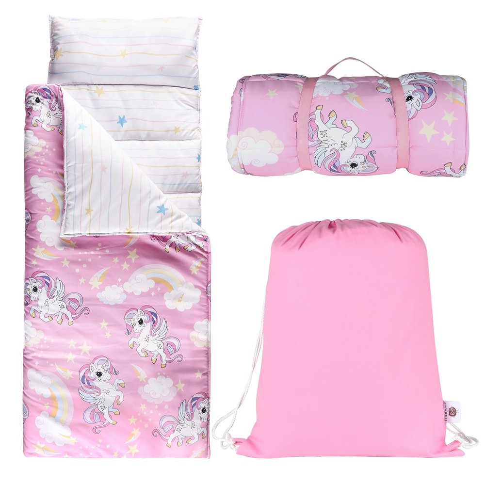 Hi Sprout Toddlers Nap Mat with Removable Pillow and Soft Blanket, Lightweight Daycare Preschool Kindergarten Sleeping Bag, Travel Slumber for Kids Girls Boys (Unicorn)
