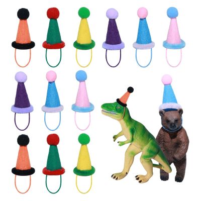 12Pcs Mini Party Hats for Stuffed Animals Figures Toys Dinosaur Tiny Hats for Crafts Colorful Doll Party Decor Adjustable Cone Hat with Pom Pom Birthday Cake Toppers and Hatband