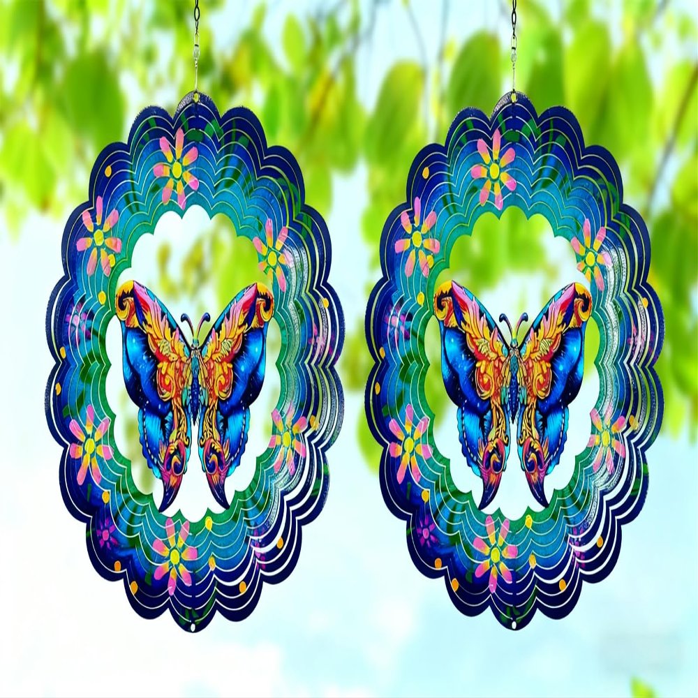 2 Pack 12 Inch 3D Metal Wind Spinner - Weatherproof Rustproof Hanging Decoration Suitable for Indoor & Outdoor Use, Perfect Christmas Thanksgiving Gift for Mom, Wife and Nature Lovers (Butterfly2)