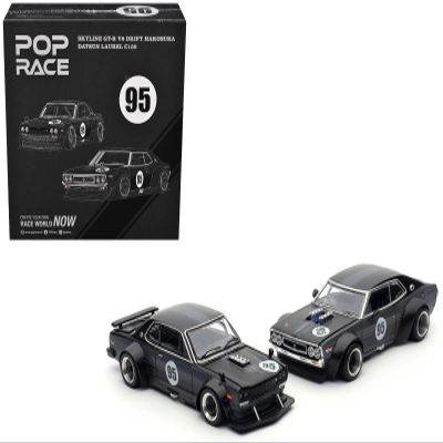 1:64 Diecast Model Car Compatible with Nissan Skyline GT-R V8 Drift Hakosuka #95 Black and Datsun Laurel C130 Black 2 Car Box Set Hong Kong Toycar Salon 2025" Limited Edition by Pop Race