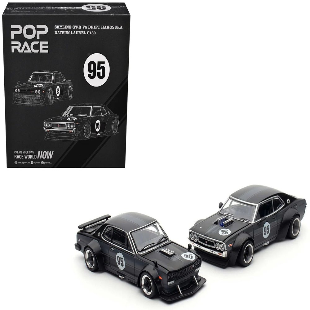 1:64 Diecast Model Car Compatible with Nissan Skyline GT-R V8 Drift Hakosuka #95 Black and Datsun Laurel C130 Black 2 Car Box Set Hong Kong Toycar Salon 2025" Limited Edition by Pop Race