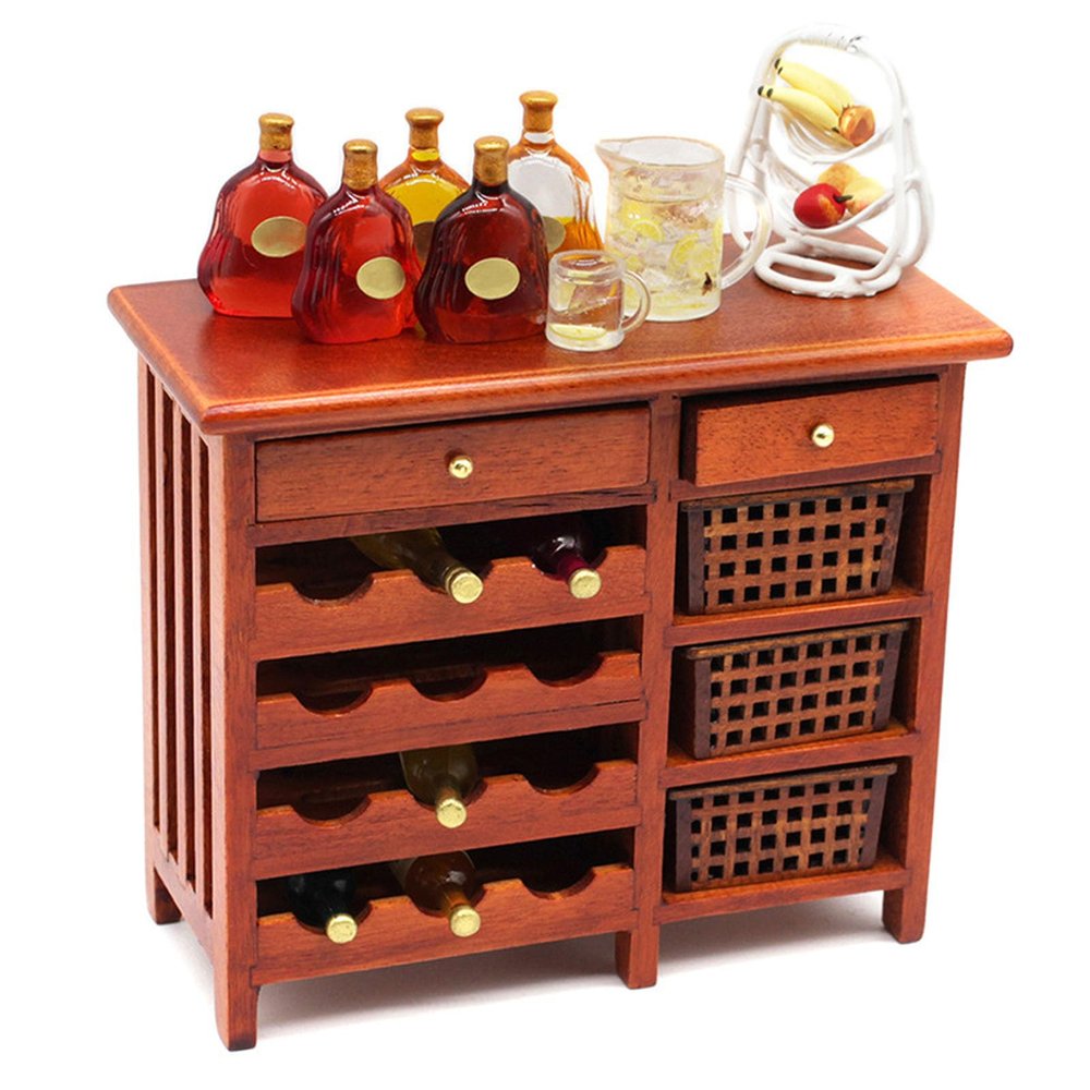 1/12 Scale Miniature Wooden Wine Cabinet Display Case for Doll House Kitchen Decoration and Collectible Accessories