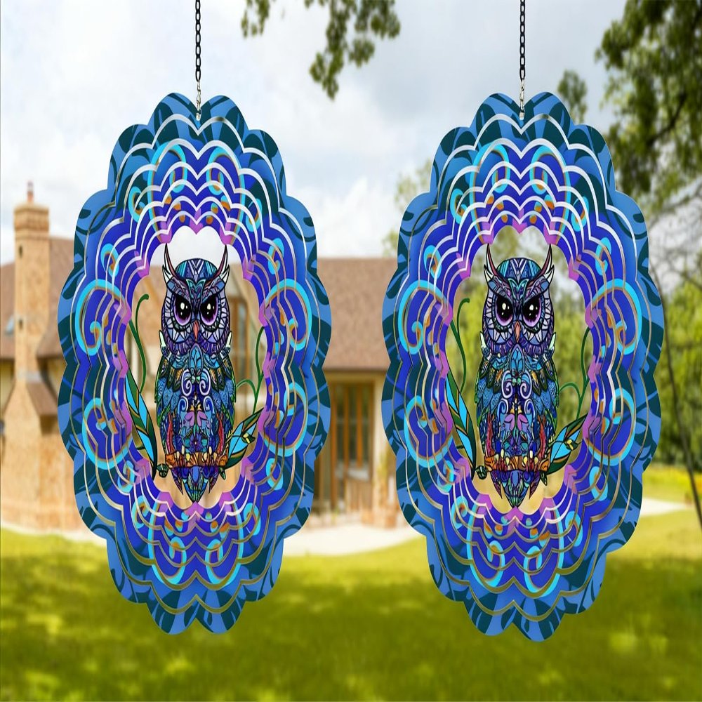 2 Pack 12 Inch 3D Metal Wind Spinner - Weatherproof Rustproof Hanging Decoration Suitable for Indoor & Outdoor Use, Perfect Christmas Thanksgiving Gift for Mom, Wife and Nature Lovers (Owl)