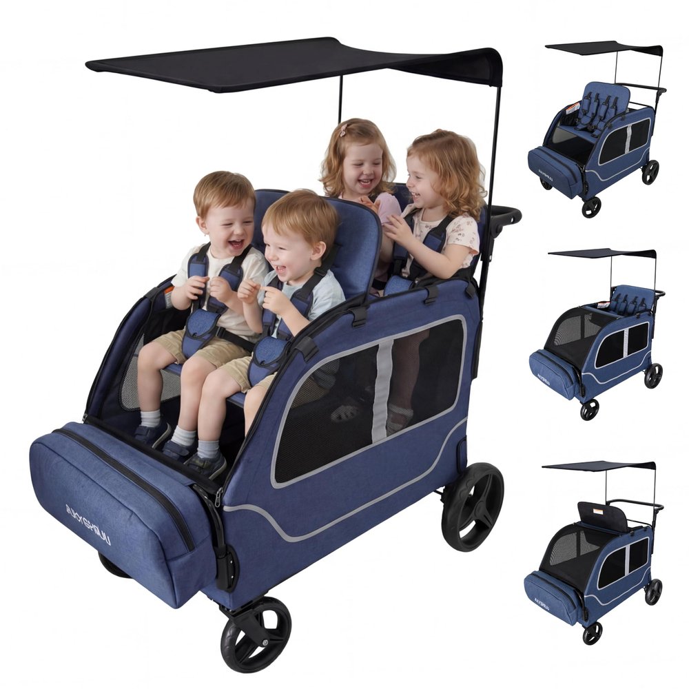 JULYSHILIU Car-Shaped Large 4 Seater Stroller Wagon for 2 3 Kids Toddler Child Foldable All-Terrain Triple Quad Wagon with Removable Canopy, 5-Point Harness, Storage Bag Shopping Outdoor (Deep Blue)