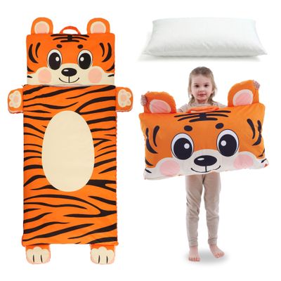 Wizland Kids Sleeping Bag with Pillow Boys Daycare Mat Flannel Tiger Nap Preschool Rest Mats-Kindergarten, Fluffy Warm Portable Tiger Nap Thick Nap Roll for Toddlers-61.8"28.3"