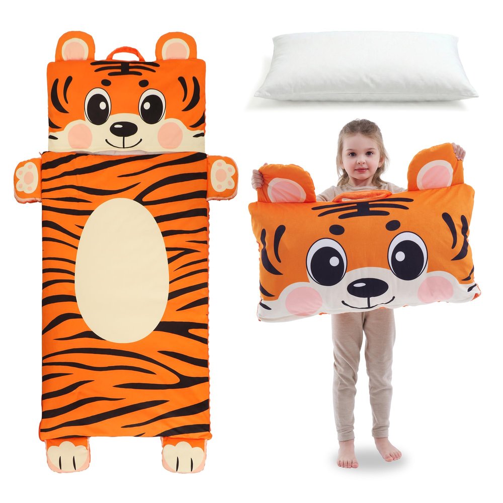 Wizland Kids Sleeping Bag with Pillow Boys Daycare Mat Flannel Tiger Nap Preschool Rest Mats-Kindergarten, Fluffy Warm Portable Tiger Nap Thick Nap Roll for Toddlers-61.8"28.3"