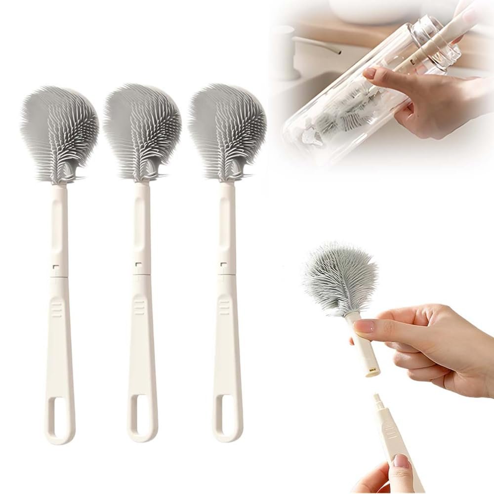 360 Flexible Silicone Bottle Brush with Long Handle, Soft Silicone Cup Cleaner Brush for Deep Cleaning, Multipurpose Water Bottle Cleaning Brush for Narrow Neck Bottles Baby Bottles Flasks (3)