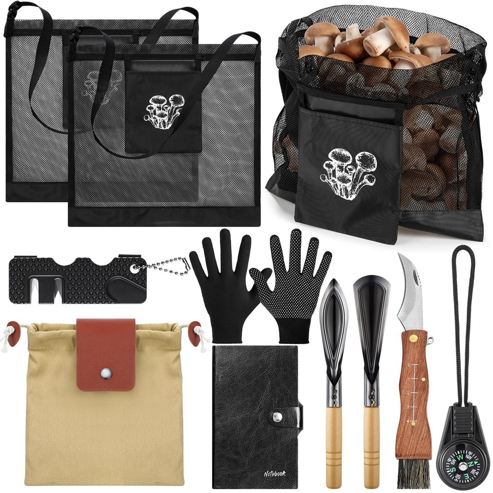 Bulyoou 9 Pcs Mushroom Foraging Kit Includes Hunting Bag, Shroom Knife with Brush, Gloves, 2 Shovel Tools, Sharpener, Waxed Canvas Foraging Bag, Notebook and Compass for Mushroom Lovers Xmas Gifts