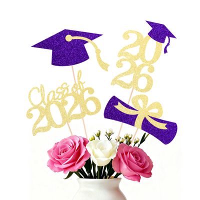 16 PCS Graduation Cake Toppers Purple Gold Class of 2026 Centerpieces Picks for Graduation Theme Party Decorations Supply