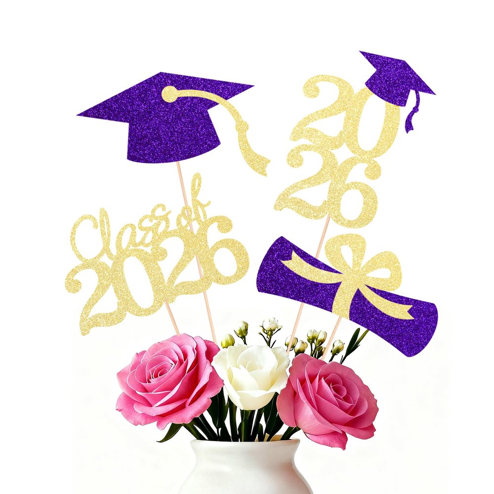 16 PCS Graduation Cake Toppers  Purple Gold Class of 2026 Centerpieces Picks for Graduation Theme Party Decorations Supply