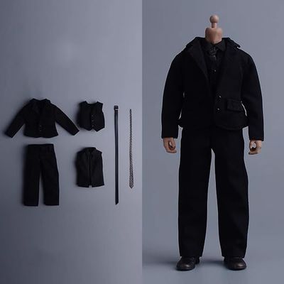 1/12 Scale Male Suit Set Clothing for 6-inches Male Action Figure Body, 1/12 Man Action Figure Suit with Waistcoat, Vestsuit, Trousers and Tie 6-Piece Suit Set Outfit (Black & Black, Business Suit)