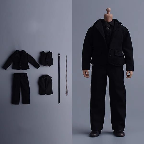 1/12 Scale Male Suit Set Clothing for 6-inches Male Action Figure Body, 1/12 Man Action Figure Suit with Waistcoat, Vestsuit, Trousers and Tie 6-Piece Suit Set Outfit (Black & Black, Business Suit)