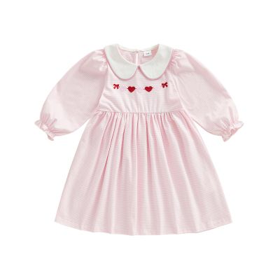 xkwyshop Kids Toddler Baby Girl Valentines Day Outfit Heart Embroidery Striped Long Sleeve Doll Collar Dress Clothes Spring (Pink, 3-4 Years)
