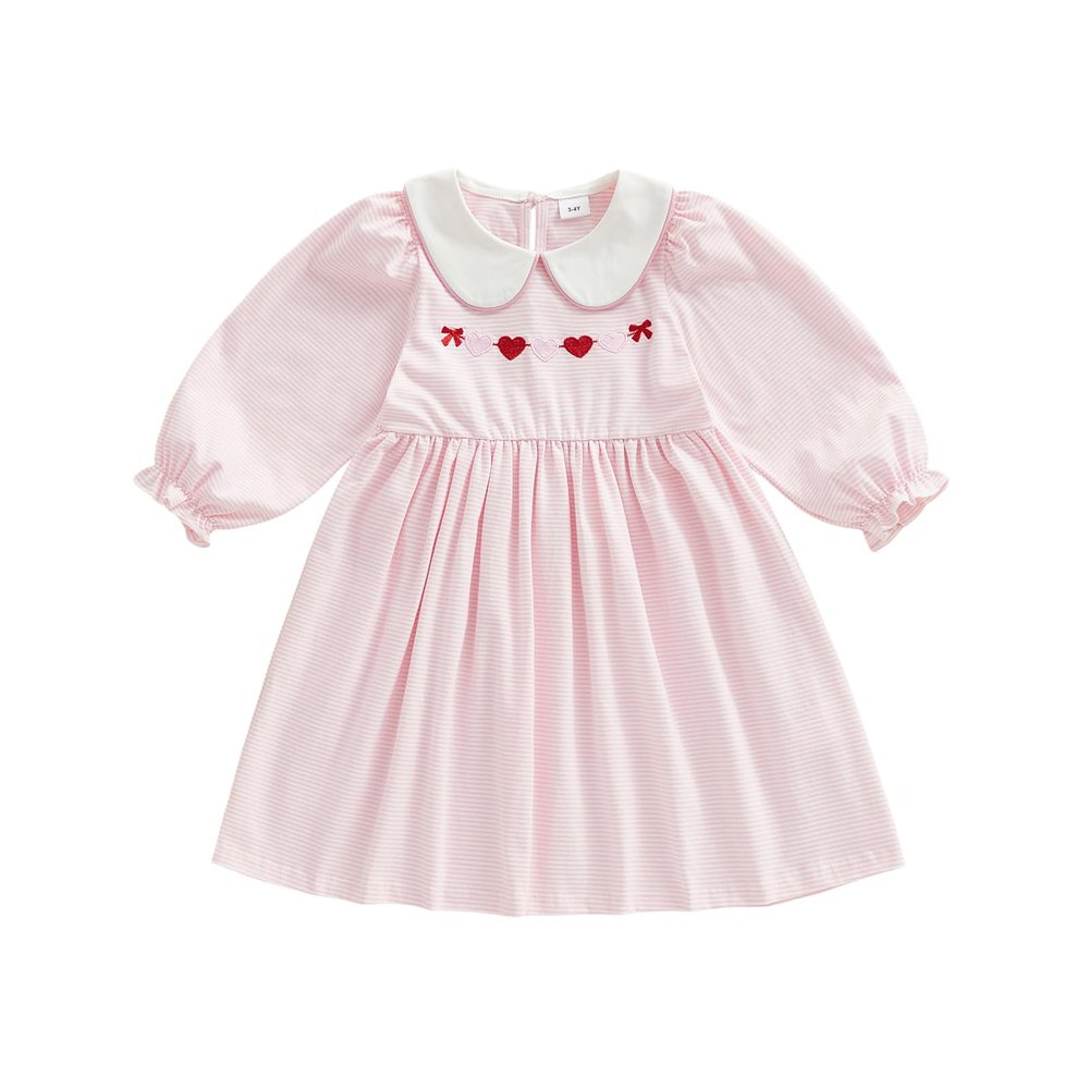 xkwyshop Kids Toddler Baby Girl Valentines Day Outfit Heart Embroidery Striped Long Sleeve Doll Collar Dress Clothes Spring (Pink, 3-4 Years)