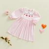 xkwyshop Kids Toddler Baby Girl Valentines Day Outfit Heart Embroidery Striped Long Sleeve Doll Collar Dress Clothes Spring (Pink, 3-4 Years) view 3