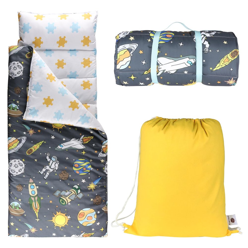 Hi Sprout Nap Mat with Removable Pillow and Soft Blanket, Lightweight Sleeping Bag, Travel Slumber for Kids Girls Boys (Space World)