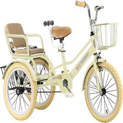 JIYIAN Yellow,18 inches,Tandem Tricycle for Kids,Double Seater Steel Frame Twin Trike with Adjustable Seat & Handle,3 Wheel Bicycle Ideal Sibling Gift for Boys & Girls