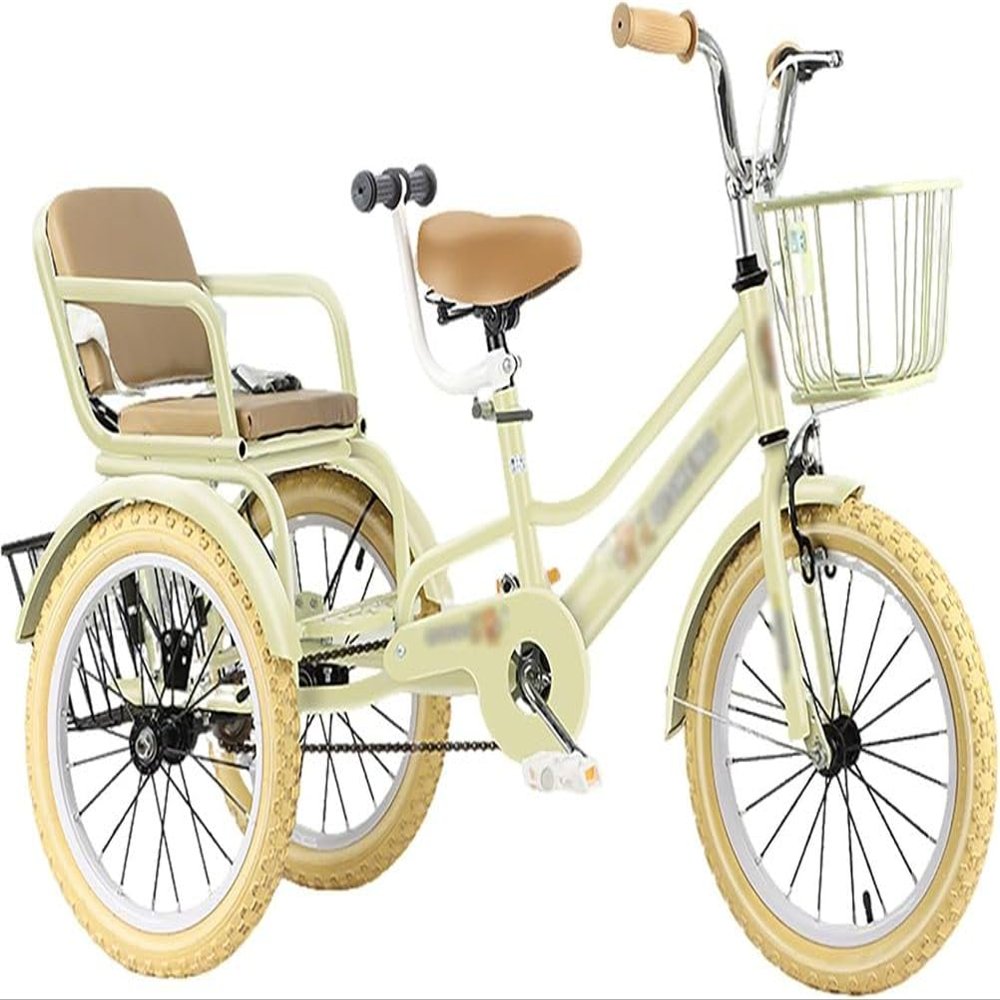 JIYIAN Yellow,18 inches,Tandem Tricycle for Kids,Double Seater Steel Frame Twin Trike with Adjustable Seat & Handle,3 Wheel Bicycle Ideal Sibling Gift for Boys & Girls