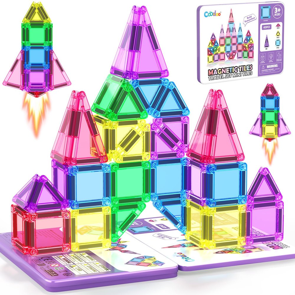 Coodoo Mini Magnetic Tiles Travel Set with Iron Box, Portable Magnet Building Blocks, Montessori Educational Sensory Toys for Toddlers 3+ Boys Girls Birthday Gift Classroom Teacher Must Haves