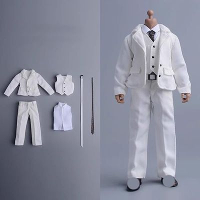 1/12 Scale Male Suit Set Clothing for 6-inches Male Action Figure Body, 1/12 Man Action Figure Suit with Waistcoat, Vestsuit, Trousers and Tie 6-Piece Suit Set Outfit (White & White, Business Suit)