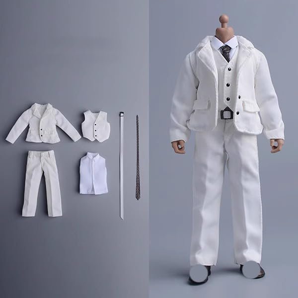 1/12 Scale Male Suit Set Clothing for 6-inches Male Action Figure Body, 1/12 Man Action Figure Suit with Waistcoat, Vestsuit, Trousers and Tie 6-Piece Suit Set Outfit (White & White, Business Suit)