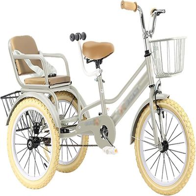 JIYIAN Gray,20 inches,Tandem Tricycle for Kids,Double Seater Steel Frame Twin Trike with Adjustable Seat & Handle,3 Wheel Bicycle Ideal Sibling Gift for Boys & Girls