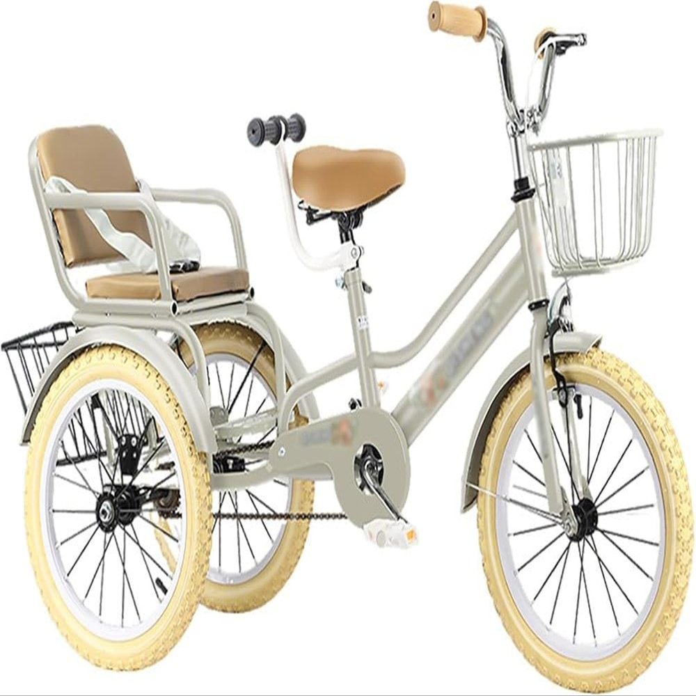 JIYIAN Gray,20 inches,Tandem Tricycle for Kids,Double Seater Steel Frame Twin Trike with Adjustable Seat & Handle,3 Wheel Bicycle Ideal Sibling Gift for Boys & Girls