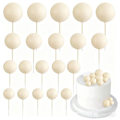 20 Pcs 3D Foam Round Balls DIY Cupcake Toppers Cake Ball Shape, Cake Insert Decor Birthday Baby Shower Wedding Anniversary Party Supplies Decoration (Khaki)