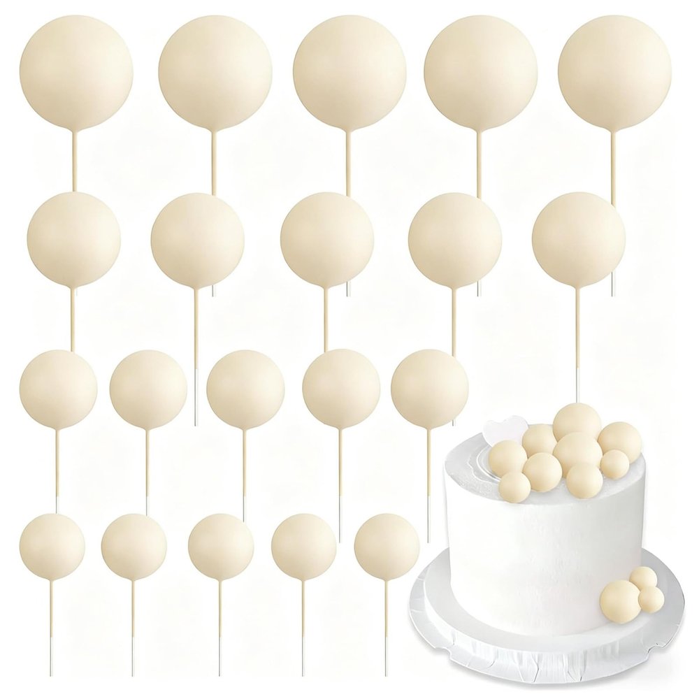 20 Pcs 3D Foam Round Balls DIY Cupcake Toppers Cake Ball Shape, Cake Insert Decor Birthday Baby Shower Wedding Anniversary Party Supplies Decoration (Khaki)