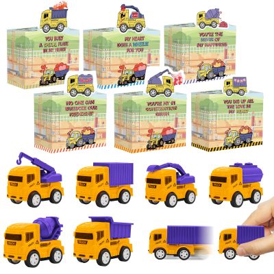 24 Pack Valentines Day Gifts for Kids Classroom, 24 Construction Vehicles Toys Cars with Valentines Day Cards Boxes, Pull Back Cars Sets for School Class Exchange Goodies Bag Stuffers Party Favors