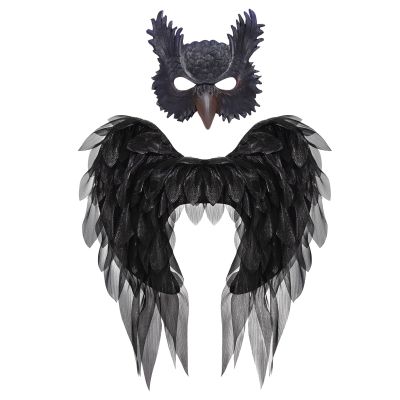 2Peice Owl Feather Wings Mask Set,Realistic Halloween Black Bird Feather Wings Costume for Role-Play Party,Christmas,Masquerade,Owl Eyes Masks Outfit