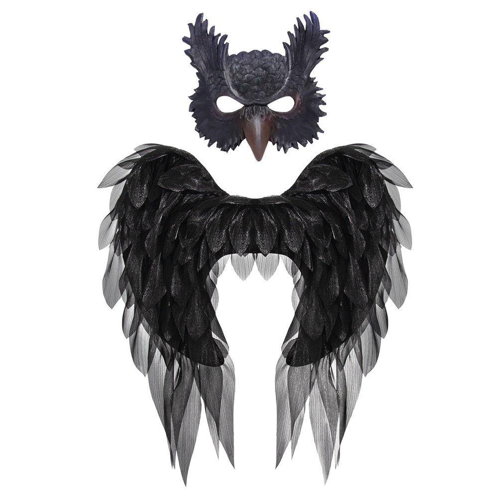 2Peice Owl Feather Wings Mask Set,Realistic Halloween Black Bird Feather Wings Costume for Role-Play Party,Christmas,Masquerade,Owl Eyes Masks Outfit