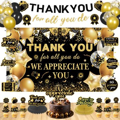 39pcs We Appreciate You Banner Decorations Black Gold Thank You for All You Do Banner Backdrop Balloons Hanging Swirls Cake Toppers Table Centerpieces Staff Employee Appreciation Decorations
