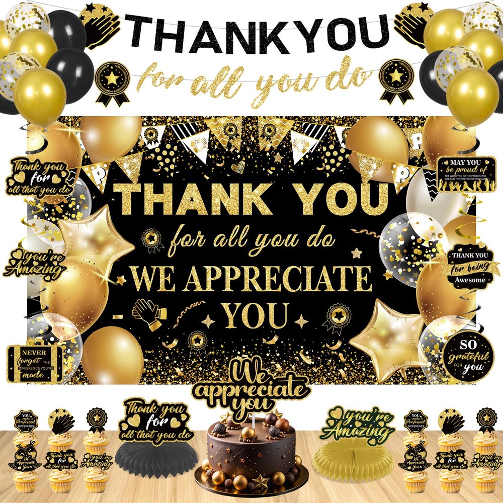39pcs We Appreciate You Banner Decorations Black Gold Thank You for All You Do Banner Backdrop Balloons Hanging Swirls Cake Toppers Table Centerpieces Staff Employee Appreciation Decorations